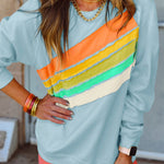 Beau Blue Rainbow Colorblock Striped Pullover Sweatshirt