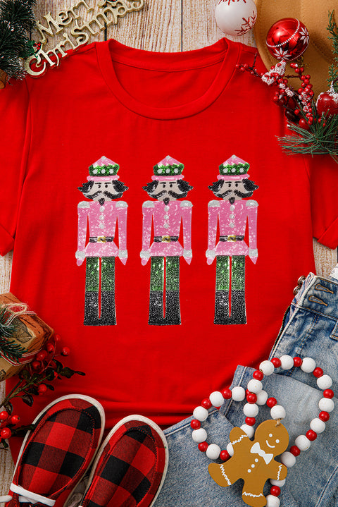 Red Sequined Christmas Nutcracker Pattern Crew Neck Graphic Tee