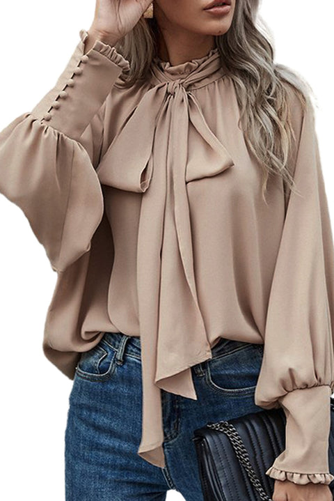 Khaki Frilled Knotted Mock Neck Bishop Sleeve Blouse