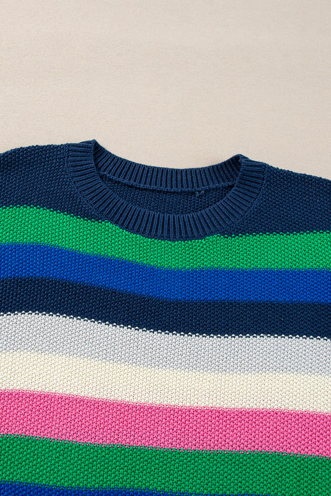 Bright Green Rainbow Striped Crew Neck Drop Shoulder Sweater