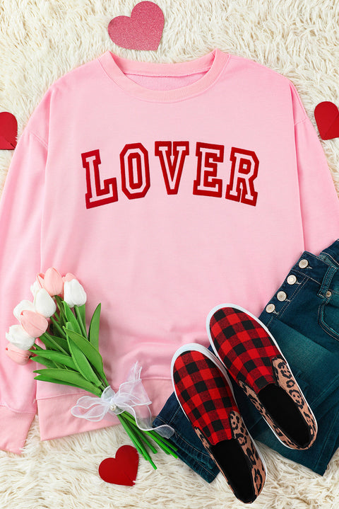 Pink LOVER Puff Print Drop Shoulder Pullover Sweatshirt