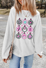 White Christmas Pattern Checkered Print Ribbed Pullover Sweatshirt