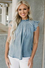 Beau Blue Frilly Pleated Button Back Retro Chambray Top