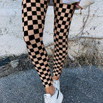 Khaki Checkered Pattern High Waist Skinny Leggings