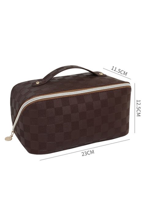 Chestnut Checkered Zipper Handle PU Leather Travel Makeup Bag