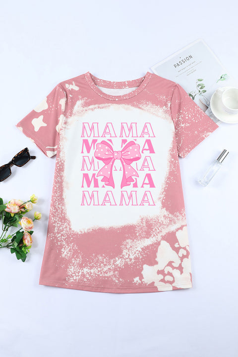 Pink MAMA Bowknot Graphic Bleached Tee