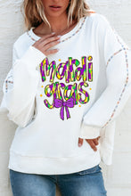 White mardi gras Bowknot Printed Contrast Trim Drop Shoulder Sweatshirt