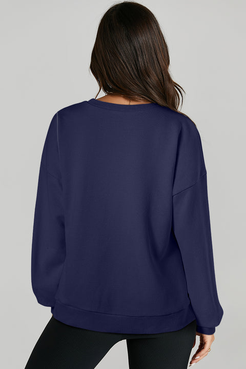 Navy Blue Solid O Neck High Low Hem Pullover Sweatshirt