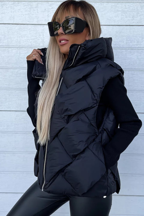 Black Quilted Zipper Front Hooded Vest Coat