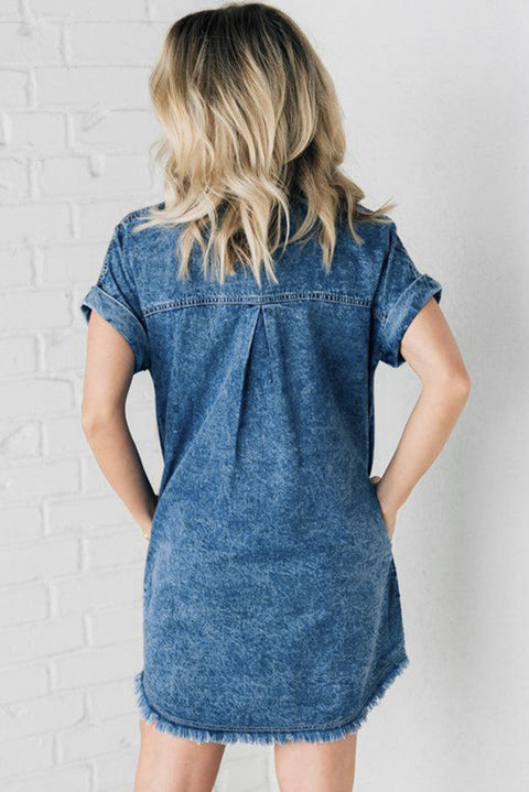 Blue Mineral Wash Cuffed Sleeve Frayed Hem Denim Dress