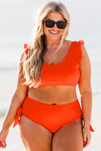 Orange Ruffled Trim Knotted High Waist Plus Size Bikini Set