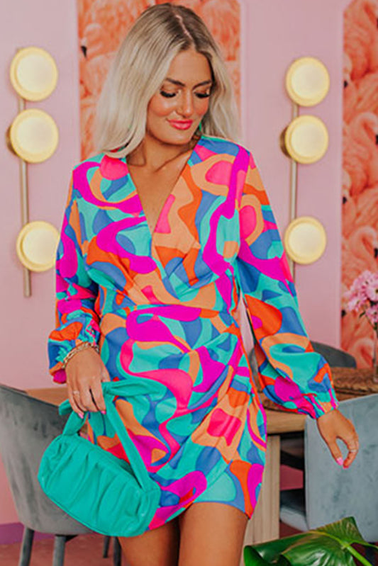 Multicolor Abstract Print Wrap V Neck Puff Sleeve Dress