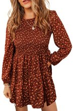 Brown Floral Smocked Bodice Mini Dress