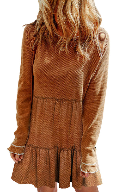 Chestnut Textured Tiered Ruffled Long Sleeve Mini Dress