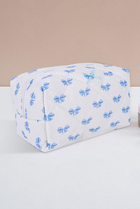 Sky Blue Bow Knot Quilted Zipper Makeup Bag