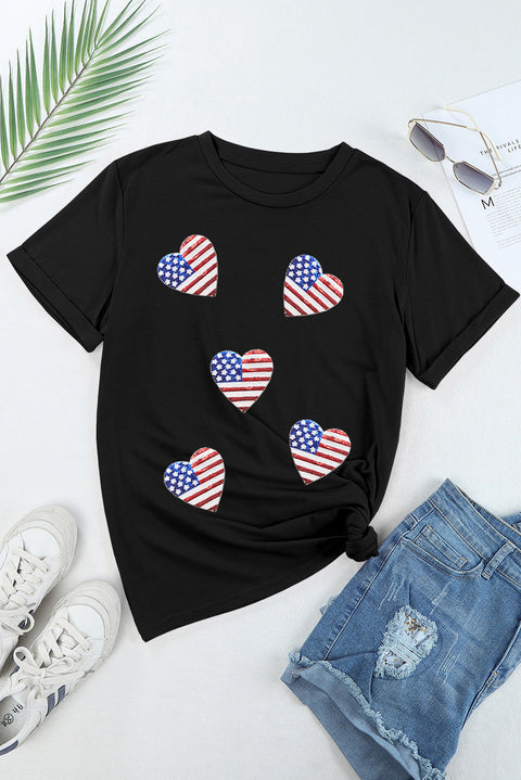 Black Sequined American Flag Heart Graphic T Shirt