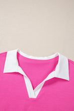 Pink Contrast Trim Collared Split Neck Short Sleeve Plus Size Top