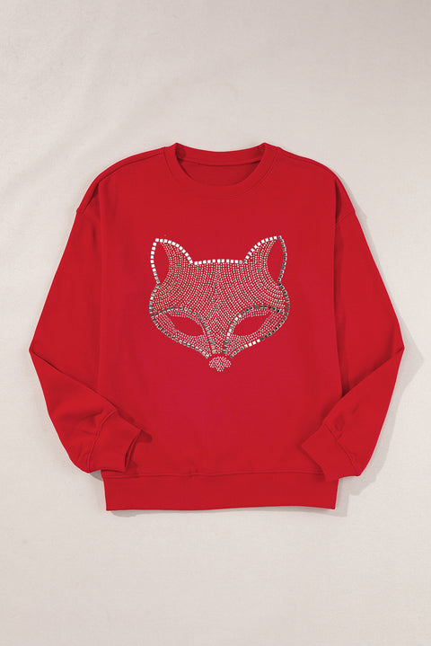 Red Rhinestone Fox Drop Shoulder Pullover Sweatshirt