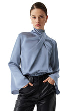 Ivy Asymmetric Pleated Turtleneck Bell Sleeve Blouse