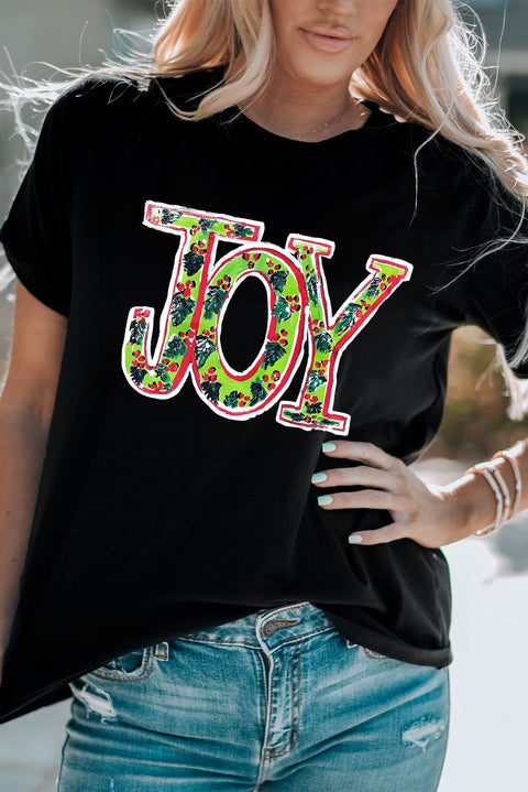 Camiseta negra de moda navideña con estampado JOY Holly