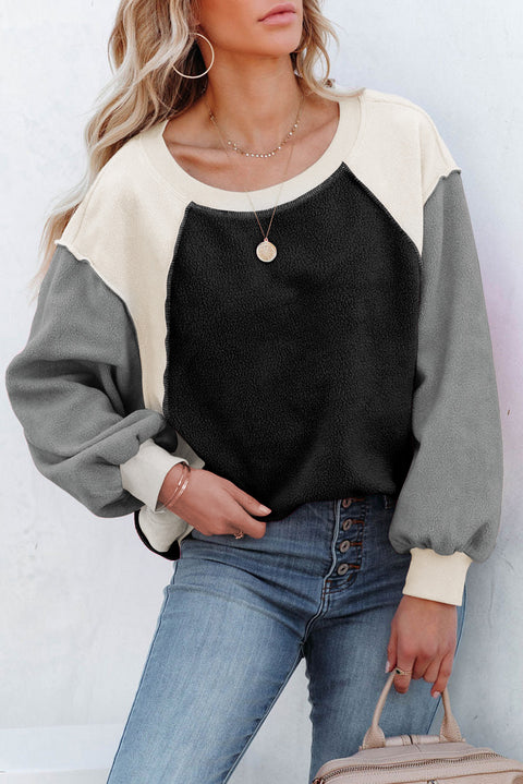 Rose Colorblock Long Sleeve Pullover Fleece Sweatshirt