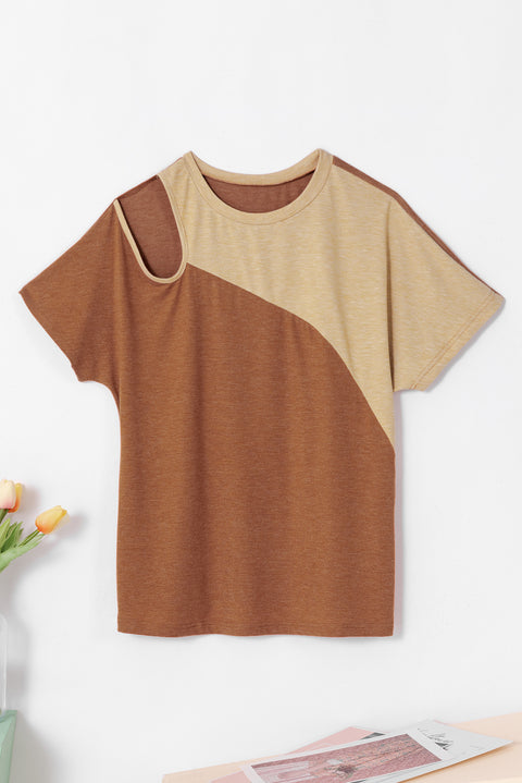 Brown Asymmetric Cut out Colorblock T Shirt