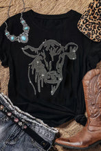 Black Rhinestone Steer Head Graphic Fashion T Shirt