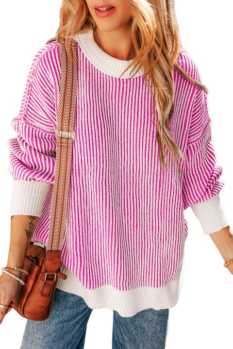 Bright Pink Striped Textured Knit Contrast Edge Loose Sweater