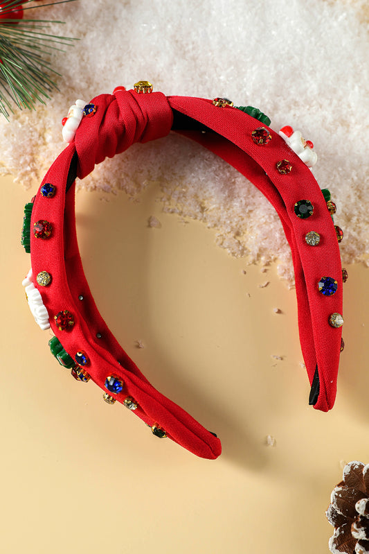 Fiery Red Cartoon Christmas Pattern Rhinestone Knotted Headband