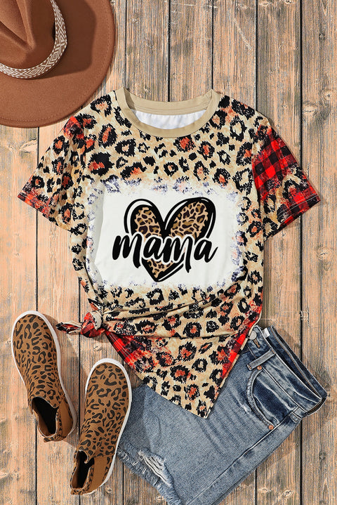 Leopard Mama Heart Shaped Plaid Print Crew Neck T Shirt