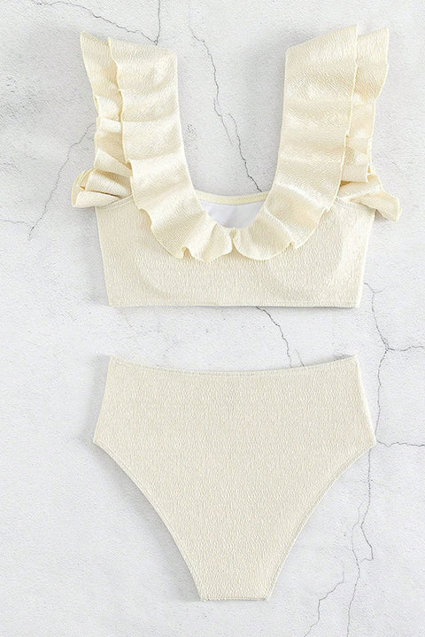 Beige Textured Ruffled Square Neck High Waist Swimsuit