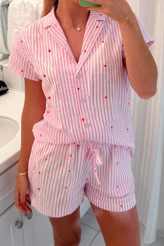 Pink Striped Tiny Hearts Printed Lapel Collar Shirt Style Short 2pcs Pajama Set