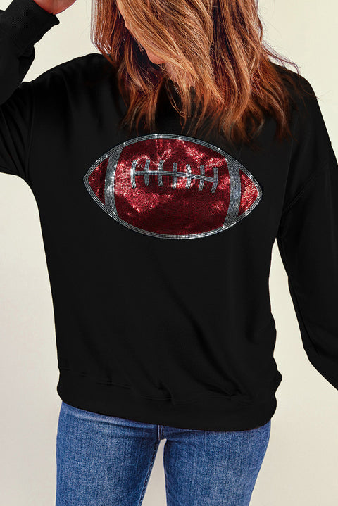 Black Rhinestone Rugby Football Pattern Crew Neck Pullover Sweatshirt