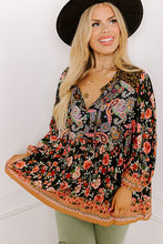 Black Plus Size Paisley Floral Print V Neck Bubble Sleeve Blouse