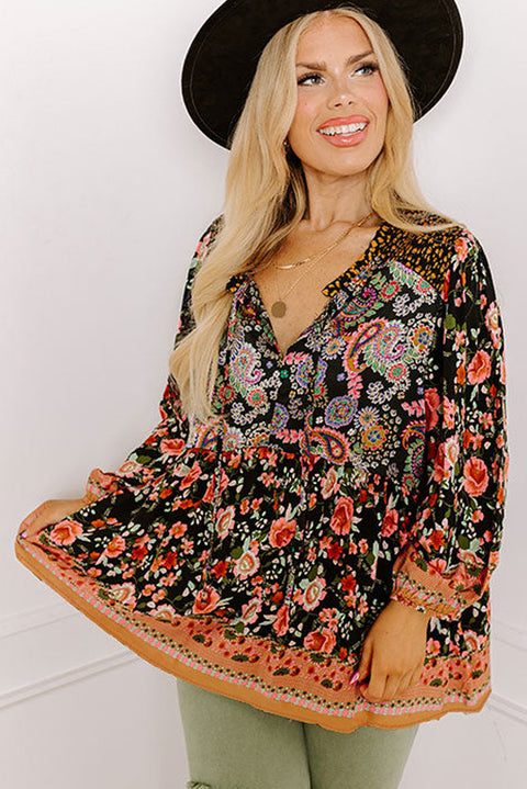 Black Plus Size Paisley Floral Print V Neck Bubble Sleeve Blouse