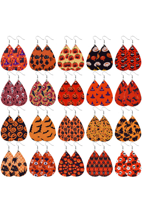 Orange Halloween Pumpkin Spider Web Bat Print Drop Earring