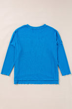 Blue Ribbed Exposed Seam Knit V Neck Long Sleeve Top