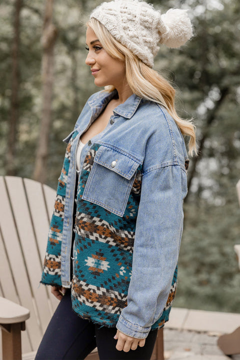 Blue Aztec Printed Denim Jacket