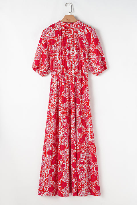 Red Paisley Print Side Slit Puff Sleeve High Waist Maxi Dress