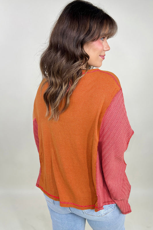 Orange Textured Knit Color Block Patchwork Chest Pocket Plus Size Top