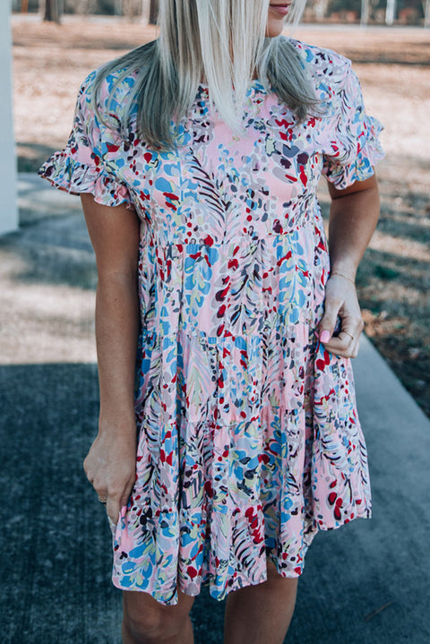 Short Sleeves Floral Print Tiered Ruffled Dress