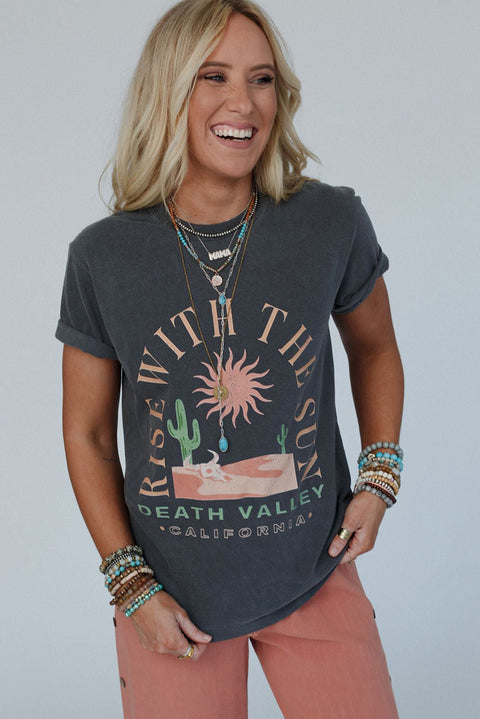 Dark Grey RISE WITH THE SUN Western Fashion Graphic Tee