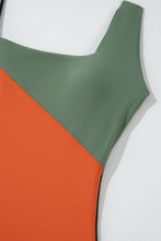 Duffel Green Color Block Padded Square Neck One Piece Swimsuit