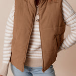 Coffee Corduroy Stand Neck Zipped Puffer Vest