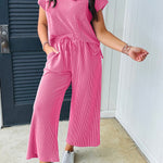 Bright Pink Solid Corded Knit Short Sleeve T Shirt and Wide Leg Pants Set