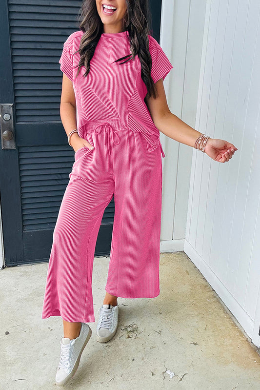 Bright Pink Solid Corded Knit Short Sleeve T Shirt and Wide Leg Pants Set