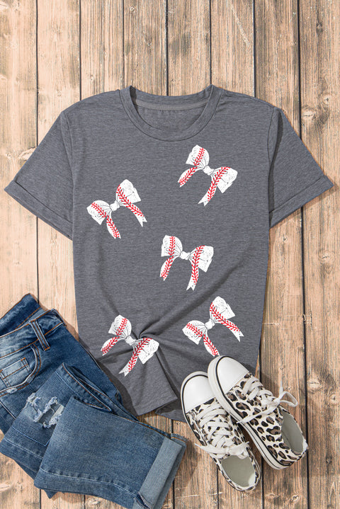 Gray Rugby Bow Knot Print Crewneck Casual T Shirt