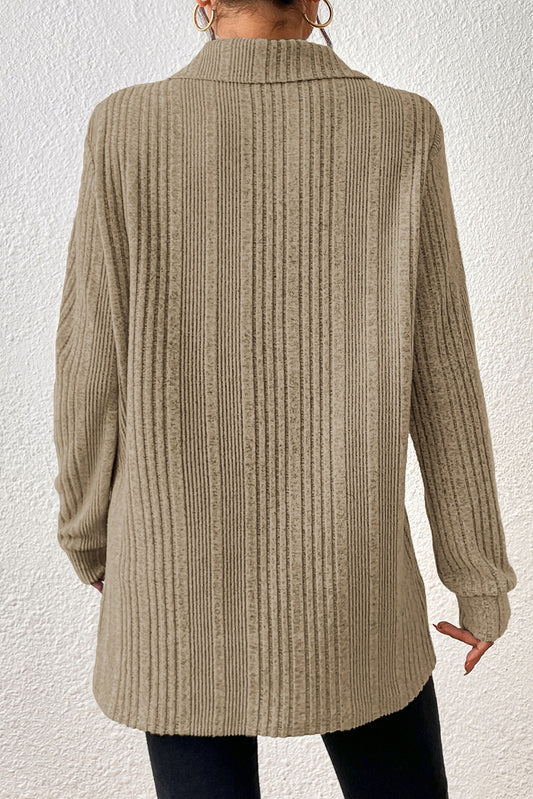 Apricot Ribbed Knit V Neck Collared Split Hem Tunic