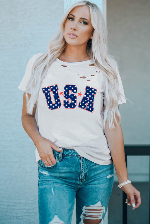 White Star USA Graphic Ripped Detail T Shirt