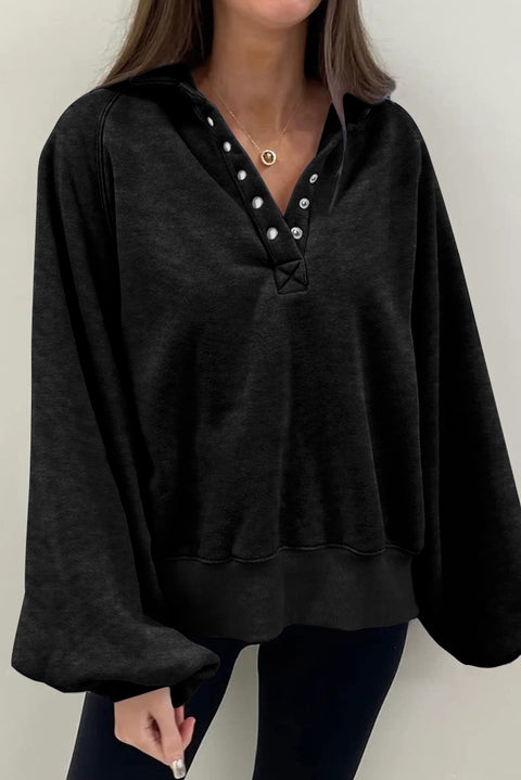 Black Solid Snap Buttons Collared Balloon Sleeve Oversized Sweatshirt